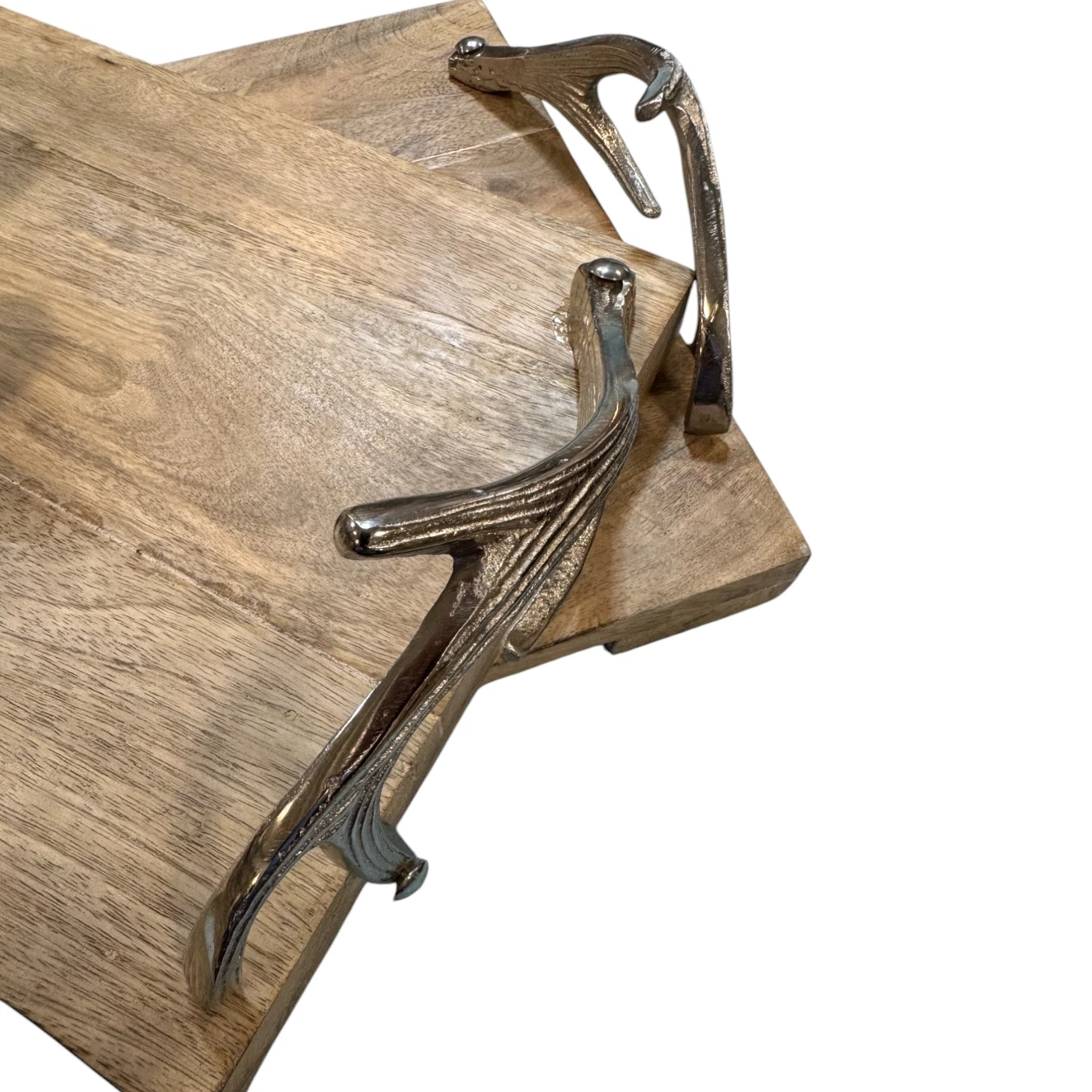(image for) Deer Antler Serving Tray Set 2 Wood Trays Metal Side Handles