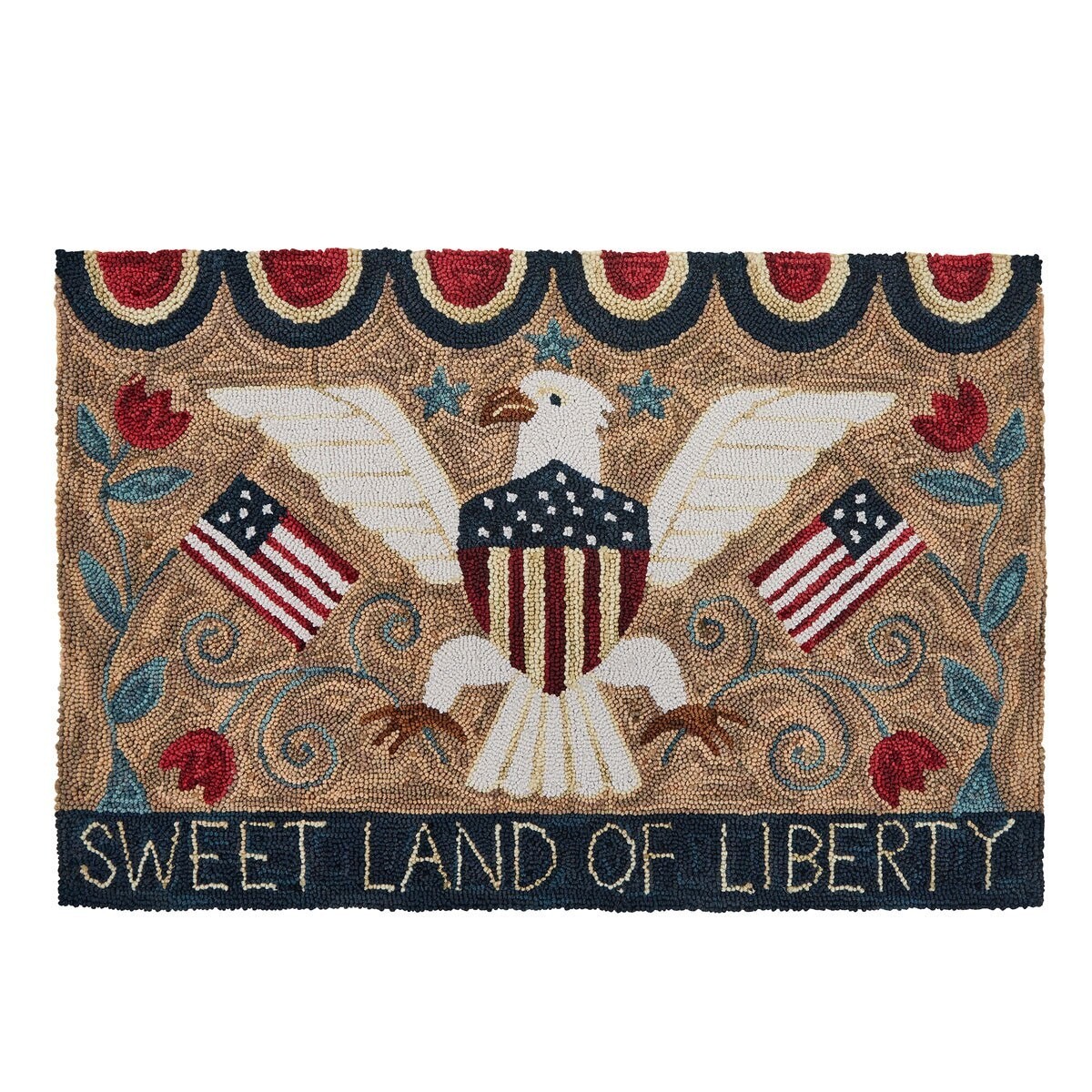 (image for) Patriotic Hooked Rug Primitive Farmhouse Country Sweet Land of Liberty 2 x 3 ft