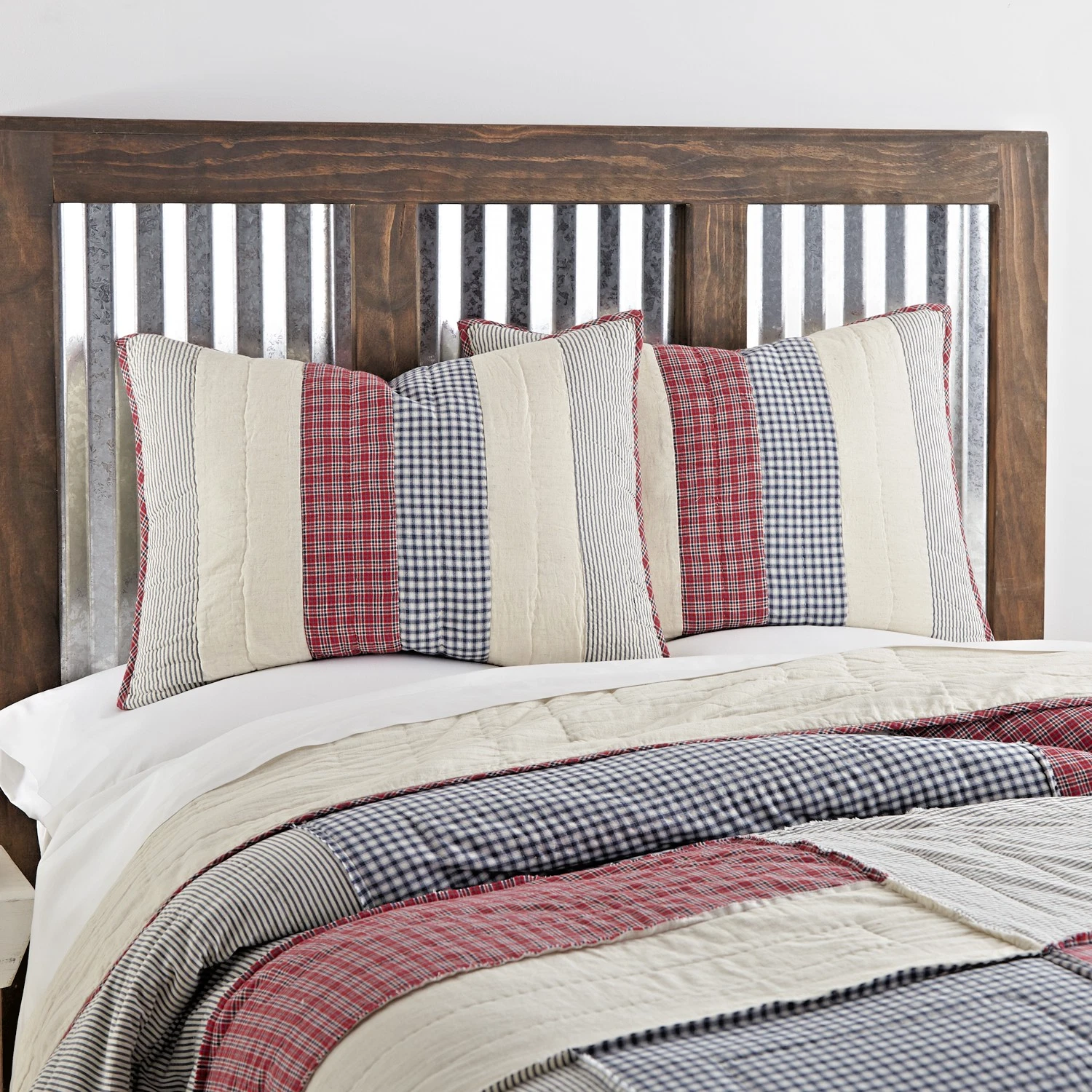 (image for) Queen Patchwork Quilt Sham Bed Set Blue Red Primitive Country Farmhouse Bedroom