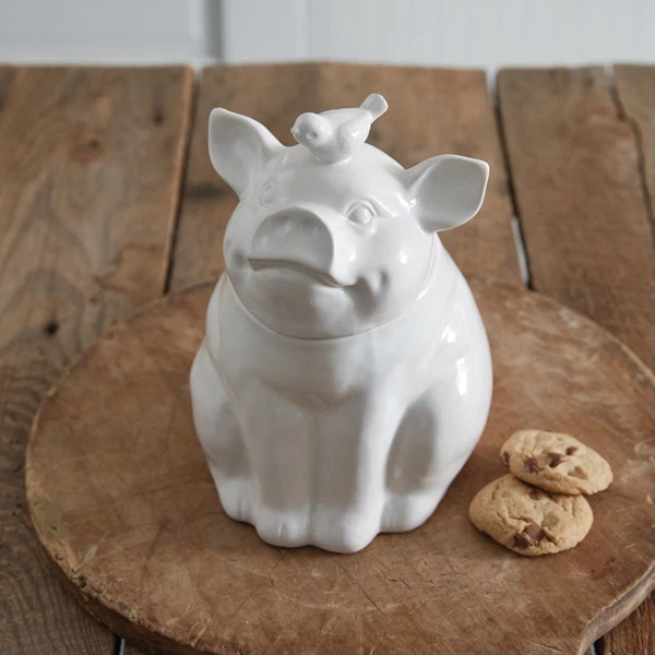 (image for) Smiling Pig Cookie Jar with Bird Ceramic