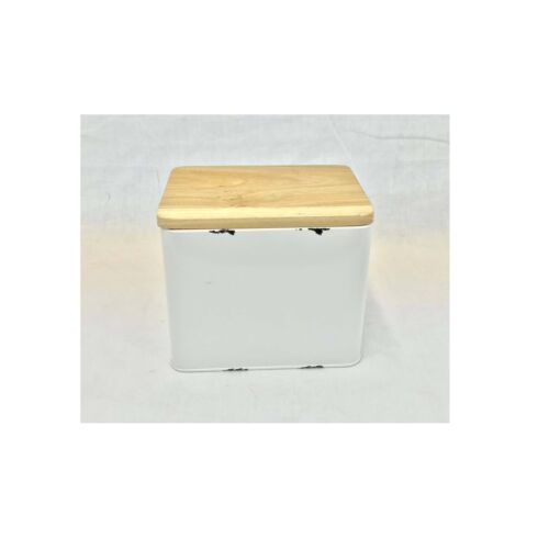 (image for) White Distressed Metal Canister Wood Top 7"
